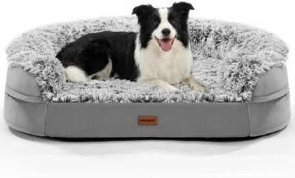 iweepet Fluffy Calming Orthopedic Dog Beds for Medium & Large Dogs, Supportive Dog Sofa Bed with 3.7 inch 28D Egg-Crate Foam, Removable Washable Plush Cover, Waterproof Lining, 41”,Grey