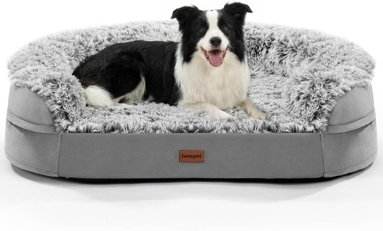 iweepet Fluffy Calming Orthopedic Dog Beds for Medium & Large Dogs, Supportive Dog Sofa Bed with 3.7 inch 28D Egg-Crate Foam, Removable Washable Plush Cover, Waterproof Lining, 41”,Grey iweepet Fluffy Calming Orthopedic Dog Beds for Medium & Large Dogs, Supportive Dog Sofa Bed with 3.7 inch 28D Egg-Crate Foam, Removable Washable Plush Cover, Waterproof Lining, 41”,Grey