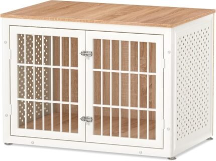 rehomerance 38″ Heavy Duty Dog Crate Furniture for Large and Medium Dogs,Wooden Metal Kennel for High Anxiety Dogs, Chew Proof Pet Cage Indoor, Decorative Dog Kennel End Table, White