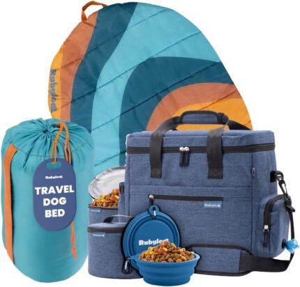 rubyloo Original Doggy Bag (Navy) & Travel Dog Bed Medium (42”x30”) (Sunset Surf Teal) – Pet Travel Bag & Portable Outdoor Bed Set